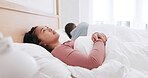 Frustrated couple, bed and fight in divorce, argument or disagreement in toxic relationship at home. Unhappy woman and man lying in bedroom, cheating affair or dispute in conflict together at house