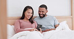 Home bed, phone and happy couple laughing at funny website, social network meme or online relationship comic. Cellphone, morning bedroom or relax man, woman or marriage people smile for comedy video 