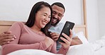 Bedroom, cellphone and happy couple laugh, relax and reading funny communication, meme website or web comic. Smartphone, morning and Asian woman, man or diversity people streaming comedy video on bed