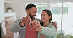 Happy couple, real estate and keys in new home, property or building investment in living room. Portrait of man and woman or homeowner smile in happiness for house loan, buying or moving in apartment