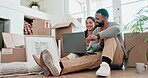 Happy couple, boxes and laptop in real estate, new home or property investment together on living room floor. Excited man or woman smile in relax, house renovation or planning furniture in apartment