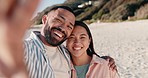 Happy couple, face and selfie at beach for holiday, vacation and travel blog, social media memory and outdoor love. Young interracial woman and man in portrait photography or profile picture by ocean