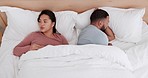 Couple in bedroom, fight and anger with conflict and communication fail, marriage and risk of divorce. Stress, angry people in bed at home and life crisis, betrayal and broken trust in relationship