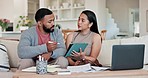 Couple, tablet and  home finance, budget planning and documents for taxes or asset management on sofa. People with digital technology, support and talking of bills, loan payment and rent or mortgage