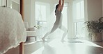 Relax, yoga and morning with woman in living room for spiritual, mindfulness and fitness. Mental health, zen and wellness with person and workout at home gym for peace, meditation and balance