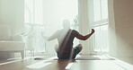 Relax, meditation and stretching with man in living room for spiritual, mindfulness and fitness. Mental health, zen and wellness with person and workout at home gym for peace, yoga and balance