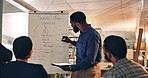 Whiteboard, tablet and businessman doing a presentation in the office for creative project planning. Collaboration, teamwork and designers clapping hands for black man speaker working on a strategy.