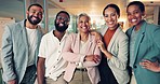 Smile, team and portrait of business people in the office for collaboration, partnership and diversity. Happy, confidence and mature woman manager standing with group of designers in modern workplace