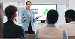 Business people, seminar or woman with presentation, workshop or questions with partnership, sustainability or discussion. Presenter, eco friendly or audience in a conference, agriculture or feedback