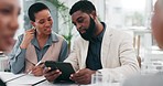 Meeting, talking and business people with a tablet for data on a company or financial growth. Office, screen and a black man speaking to a woman about statistics of an agency performance on tech