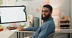 Office, green screen or happy web designer on computer to research software, website or digital transformation. Smile, face or black man at desk for copywriting branding, advertising or mockup space