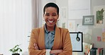 Remote work, confidence and black woman at desk with computer, headphones and smile in home office. Freelance, internet and technology, online career with happy virtual assistant working in apartment