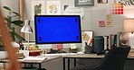 Office, mockup or green screen on computer to research network, chroma key marker or web design. Background, empty or technology at work desk for copywriting branding, advertising or marketing space