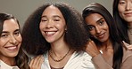 Happy, face and women on a studio background for cosmetics, skincare and diversity. Smile, portrait and a group of friends or female model on a backdrop for wellness, beauty and makeup together