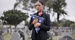 Funeral, rose and american flag with a woman at a cemetery in mourning at a memorial service. Sad, usa and an army wife as the widow of a patriot in a graveyard, feeling pain of death, loss or grief