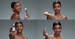 Skincare, makeup and face of woman in studio for cosmetic, beauty and facial treatment. Dermatology, clean and collage portrait of Indian female model with health products isolated by gray background