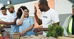 Happy people, volunteer and box in high five, teamwork charity and community service in NGO. Group of volunteering workers or team packing parcel, package or boxes in donation, social or contribution