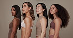 Beauty, underwear and diversity women friends in studio for comparison, inclusion or wellness. Body profile of model people on neutral background for different skin care, dermatology glow or cosmetic