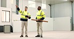 Construction, engineering and men in warehouse on tablet for planning, maintenance and property development. Architecture, teamwork and workers on digital tech for manufacturing, building and design