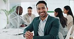 Portrait of businessman, smile in business office and confident project manager at engineering agency. Happy man, leader with pride and entrepreneur with positive mindset at renewable energy startup.