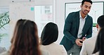 Presentation, man and a handshake in a meeting with business people for a welcome, thank you or deal. Workplace sustainability, Asian employee and greeting a group and shaking hands at a workshop