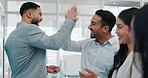 Businessman, high five and applause in schedule planning, teamwork or motivation together at office. Business people in celebration, meeting or team building for collaboration or ideas at workplace