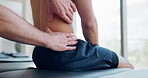 Chiropractor, hands and patient with back pain in physical therapy, rehabilitation or person massage stress in muscle. Physiotherapist, healing or helping man in physio, health or care for injury