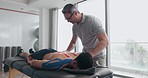 Rehabilitation, physiotherapy and man with tape on back for wellness, reflexology and biokinetics. Healthcare, physical therapy and patient with kinesio tex for muscles, movement and spine support
