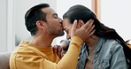 Couple, forehead touch and kiss on sofa with love, bonding and happy people together at home. Healthy relationship, trust and support in commitment, partner and marriage with romance and intimacy