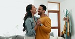 Couple, dancing in living room and love, bonding and happy people together at home. Healthy relationship, trust and support in commitment, partner and marriage, romance and intimacy with laughter