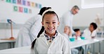 Science, girl and classroom with face and learning at school and health education for development. Lab, research and portrait of a young student with a smile ready for medical knowledge and chemistry