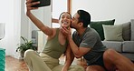 Couple, selfie and kiss on floor, home living room and yoga mat for exercise, smile and post on web blog. Woman, man and photography for memory, profile picture and social media with fitness in house