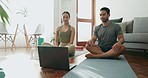 Yoga, laptop and a couple at the start of their workout on the living room floor together for health or fitness. Exercise, getting ready or beginning with a man and woman training in an online class