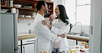 Happy, smoothie and breakfast of couple in kitchen, bonding and smile in home. Fruit glass, drink and man and woman with healthy food, nutrition and organic vegan diet for wellness in the morning.