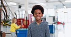 Smile, face and a child at a science fair for education, learning and a school exhibition. Happy, portrait and an excited African student or boy at a museum for knowledge, experience or playing