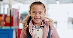 Face, smile and a student girl at a science fair for learning, growth or child development. Portrait, education and future with a happy young female kid at a school closeup for research or experiment