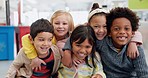 Face, children and students play at kindergarten, bonding and having fun together. Portrait, kids and group of happy friends at school, smile and hug to embrace for learning, education and studying