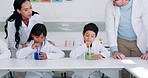 Science, research and teachers with children blowing bubbles, laboratory and chemical experiment for chemistry project. Innovation, students and school with physics liquid for education and analysis 