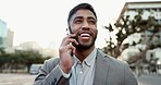 Phone call, smile and businessman in the city for communication, talking or corporate chat. Technology, professional and happy male lawyer on a mobile discussion with cellphone in an urban town road.