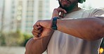 Fitness, hands and man with watch for pulse, timer and check healthy progress, breathing or wellness outdoor. Closeup, stopwatch and heart rate for exercise, sports training and performance in city 
