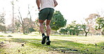 Park exercise, speed ladder and person doing outdoor nature workout, morning cardio drill or athlete exercise challenge. Back of agile runner doing active sports training on green grass field
