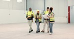 Construction, blueprint and people on tablet for planning, maintenance and storage warehouse development. Engineering, teamwork and workers on digital tech for manufacturing, building and inspection