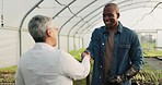 Farmer, scientist and handshake in greenhouse inspection, agriculture checklist and gardening or farming introduction. Food scientist, people or manager shaking hands with quality assurance clipboard