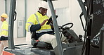 Tablet, engineering and forklift with black man in warehouse for communication, social media and networking. Architecture, industrial and digital with person in factory for manufacturing and storage