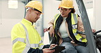 Tablet, teamwork and a construction worker in a vehicle talking to a colleague about project management on a building site. Technology, collaboration and a woman engineer working with a man designer