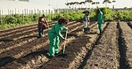 Landscaping soil, gardening and people on farm for vegetables, harvest produce and crops. Agro business, agriculture and team of men and women in field for planting, plow earth or sustainable farming