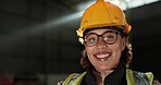 Face, engineer and woman in helmet at warehouse, smile and professional worker. Portrait, hard hat and architect in factory, happy contractor and employee in glasses from South Africa in Industry.