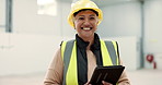 Tablet, smile and engineering with woman in warehouse for project management, search or construction. Industrial, manufacturing or digital with portrait of person in factory for architecture planning