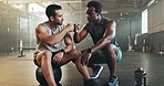 Fitness, men and fist bump in gym with confidence, workout motivation and exercise class. Diversity, friends and wellness portrait of athlete with coach ready for training and sport at a health club