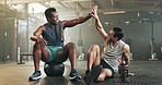 Happy man, high five and fitness in sports motivation, teamwork or partnership at the gym. People touching hands in workout, exercise or training together for physical health or wellness at gymnasium